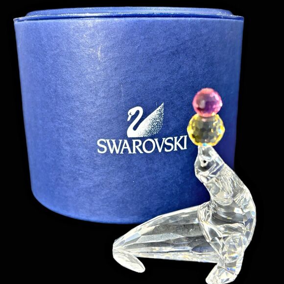 Swarovski Crystal Playing Seal Figurine Juggling Balancing Ball Box Retired
